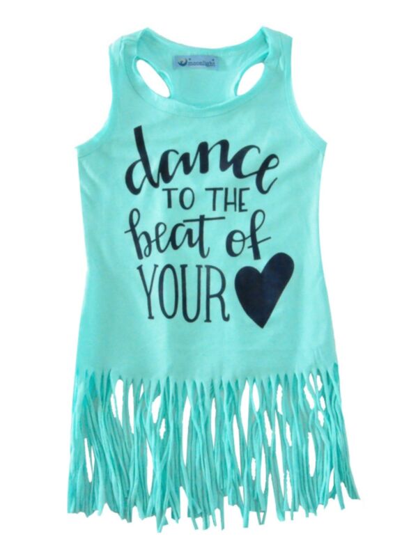 Kid Girl letter Print Tassel Tank Dress In Green