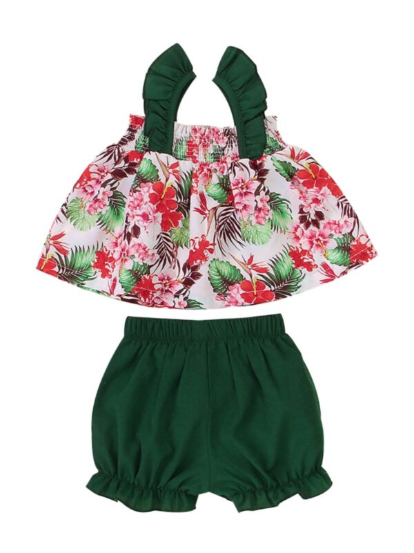 2 Pieces Little Girl Floral Print Set Cami Top Matching Shorts Green