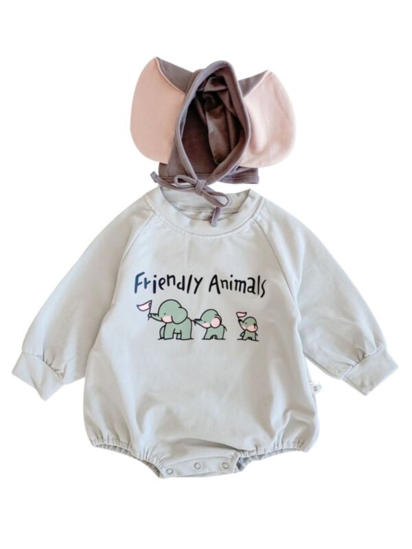 2 Pieces Baby Friendly Animals Bodysuit Matching Hat