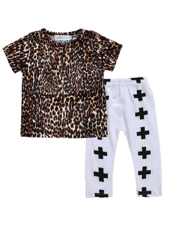 2 Pieces  Baby Girl Leopard Short Sleeve Top Matching Plus Pants Set