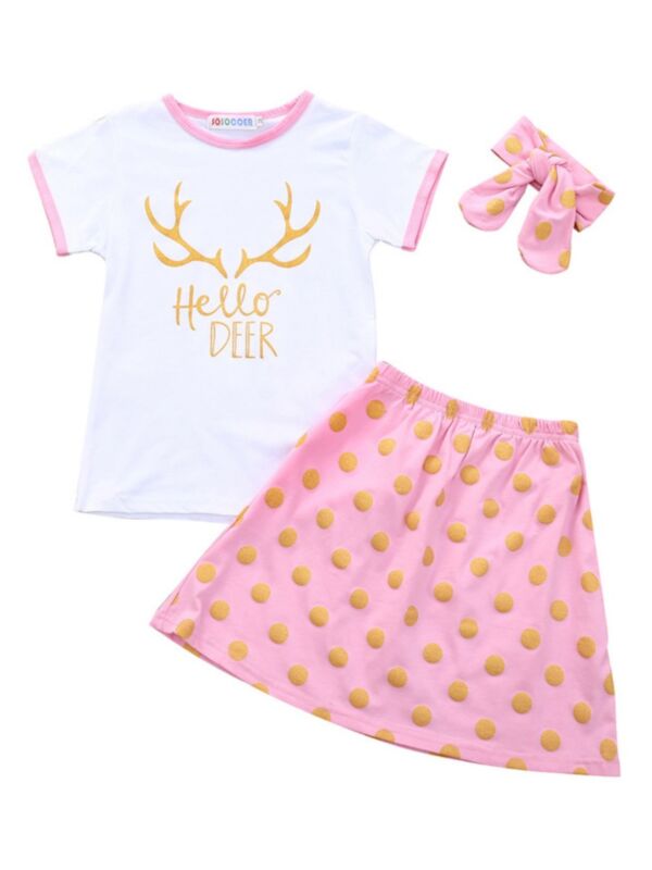 3 Pieces Kid Girl Hello Deer Top & Polka Dots Skirt & Headband Set Pink 