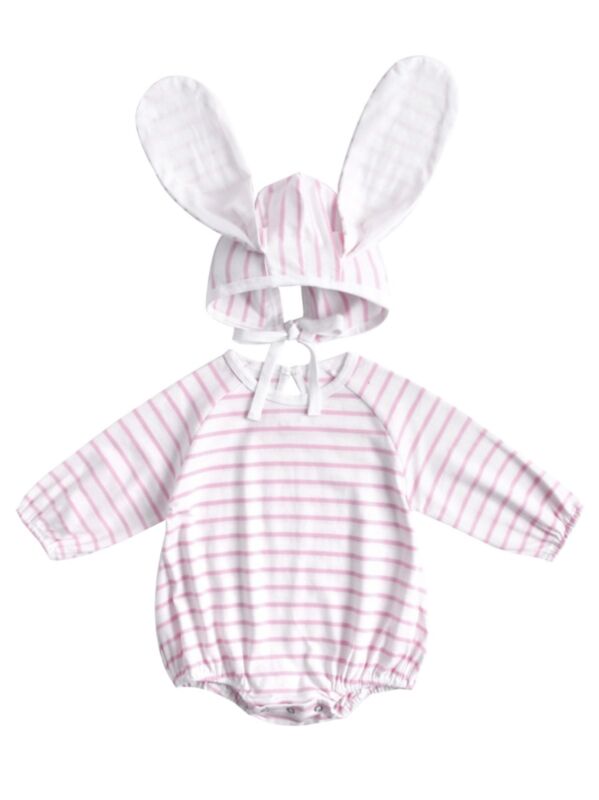 Two-piece Baby Girl Stripe Long Sleeve Bodysuit Matching Rabbit Shape Hat