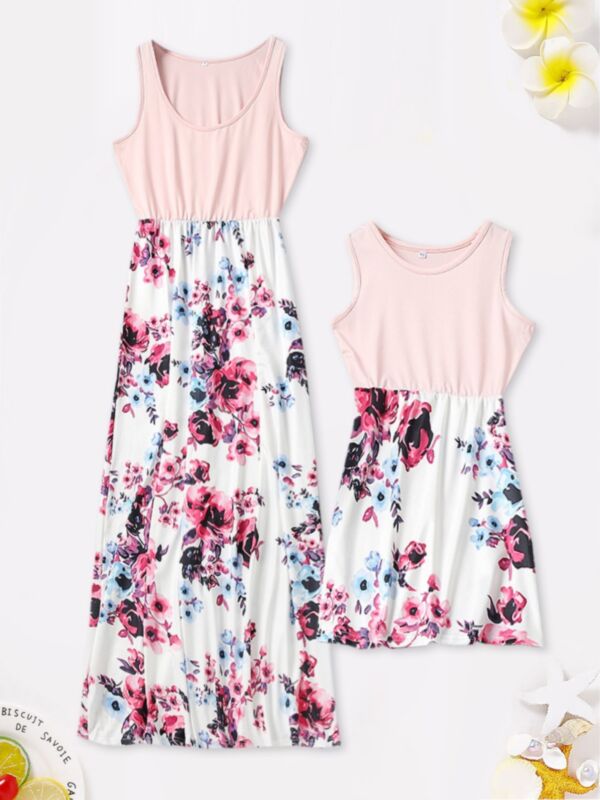 Family Matching Mom And Daugther Floral Print Tank Dress Pink