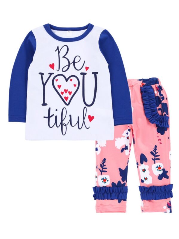 2 Pieces Baby Girl Be You Tiful Color Block Tee Matching Flower Print Pants Set