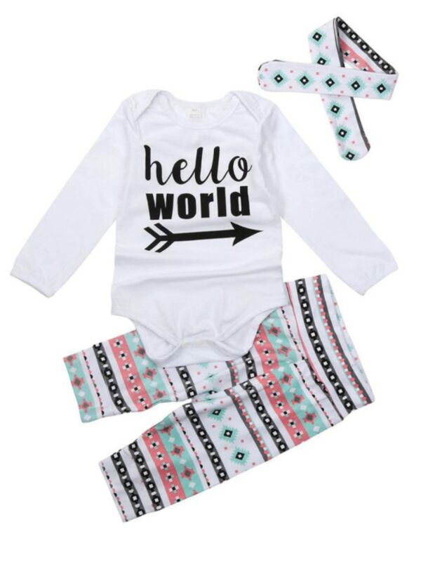 3 Pieces Infant Girl Set Hello Word Bodysuit & Boho Print Pants & Headband Set 