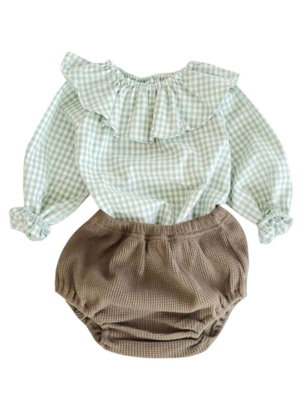 2 Pieces Baby Girl Checked Long Sleeve Top Matching Shorts Set