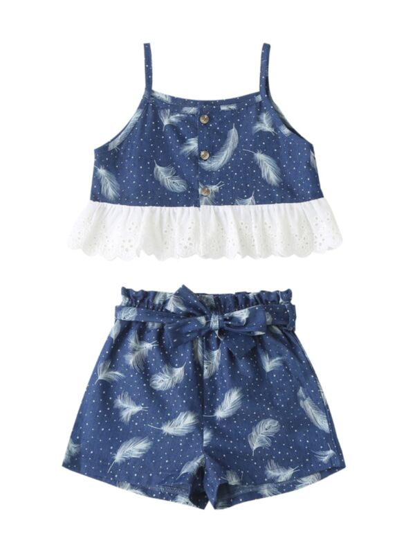 2 Pieces Little Girl Feather Print Set Eyelet Hem Cami Top Matching Belted Shorts