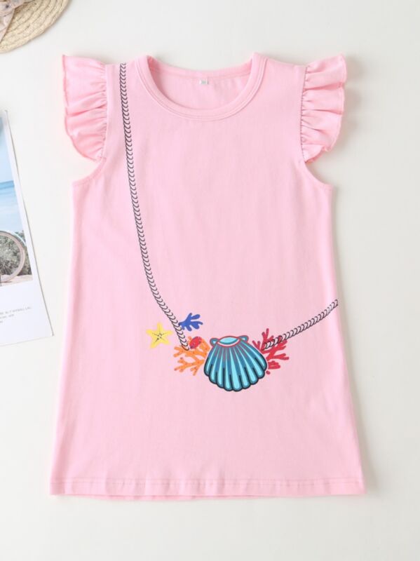 Little Girl Pink Cartoon Flutter Sleeve Dress