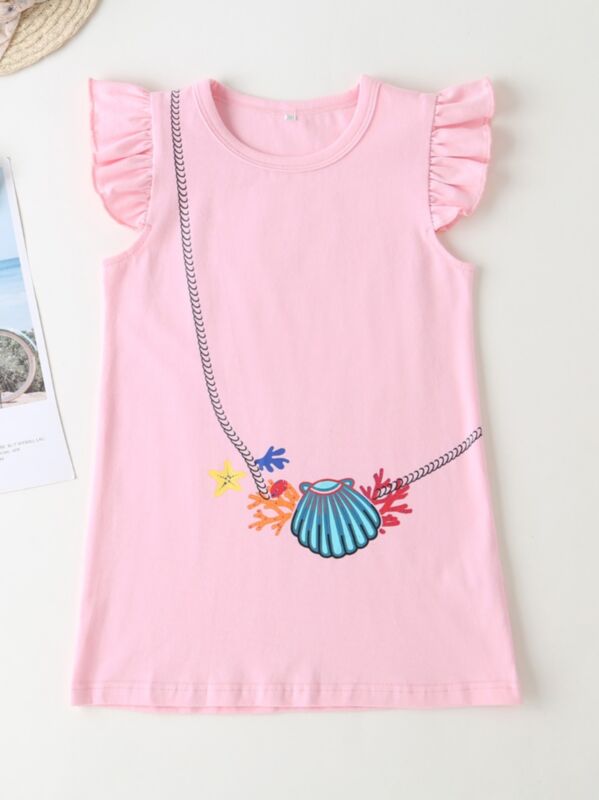 Little Girl Pink Cartoon Flutter Sleeve Dress