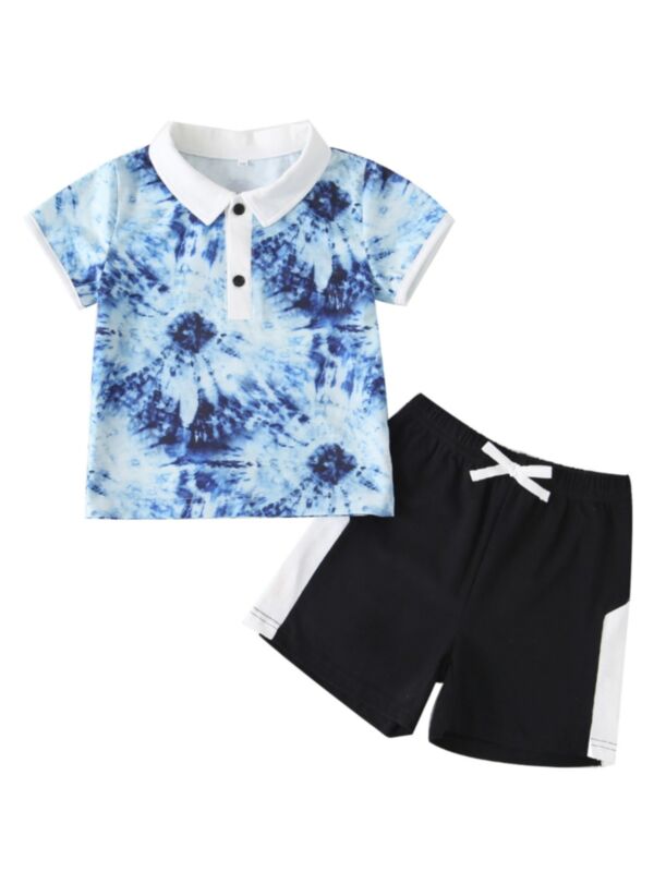 2-Piece Kid Boy Sport Wear Set Tie Dye Polo Shirt Matching Stripe Shorts