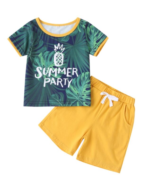 2-Piece Kid Boy Leaf Print T-Shirt Matching Yellow Shorts Set