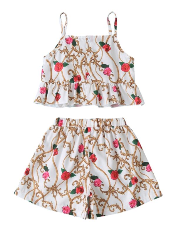 2 Pieces Kid Girl Flower Print Holiday Set Suspender Top Matching Shorts