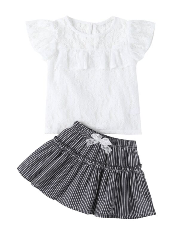 2 Pieces Kid Girl White Lace Semi Sheer  Top Matching Black Stripe Skirt