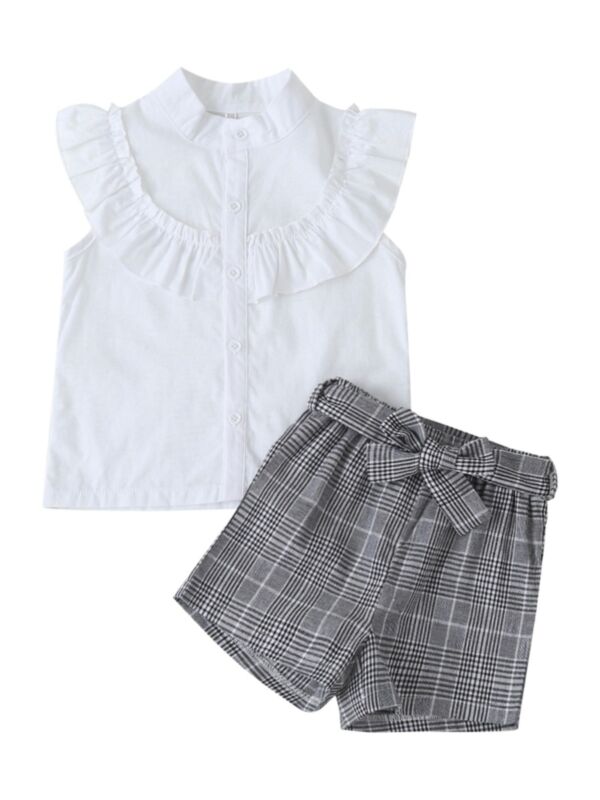 2 Pieces Kid Girl White Blouse Matching Belted Plaid Shorts Set