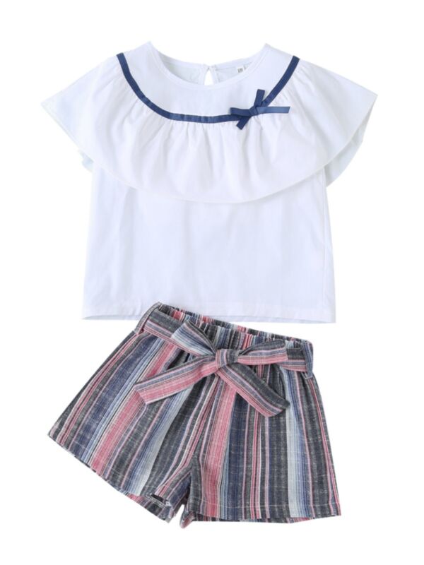 2-Piece Kid Girl White Round Neck Top Matching Belted Stripe Shorts Set