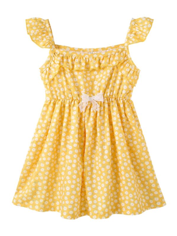 Kid Girl Floral Print Holiday Yellow Dress 