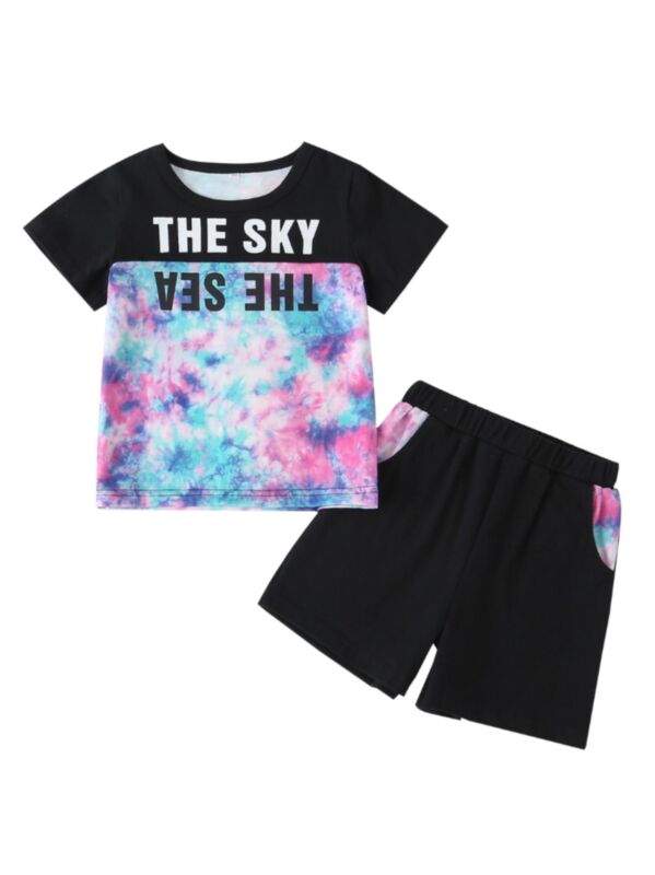 2 Pieces Kid Unisex Color Blocking Letter Print Set T-Shirt With Shorts 