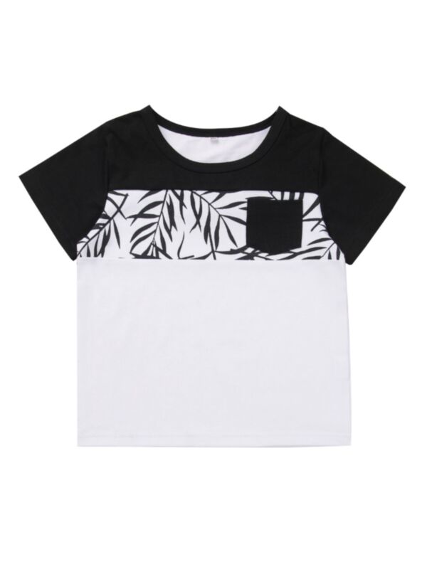 Kid Boy Short Sleeve Color Blocking Leaf Print Tee