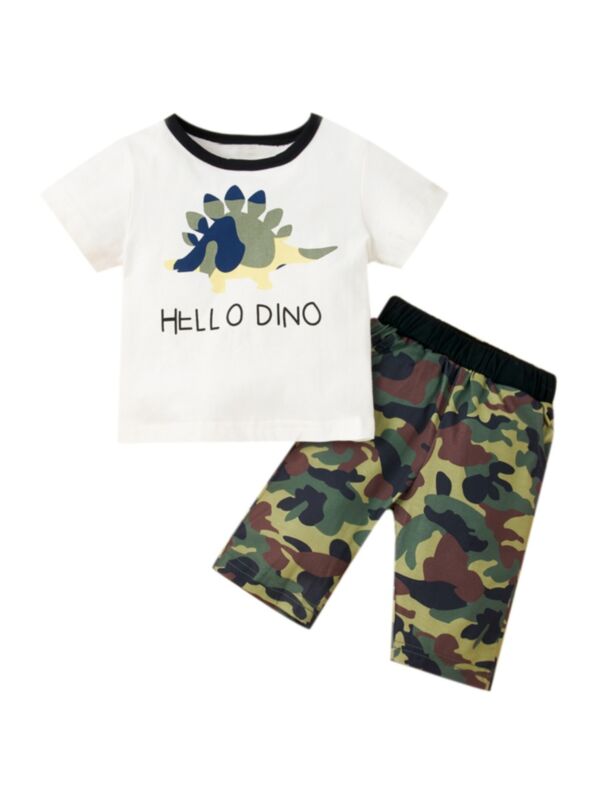 2 Pieces Toddler Boy Hello Dino Set Top Matching Camo Pants 