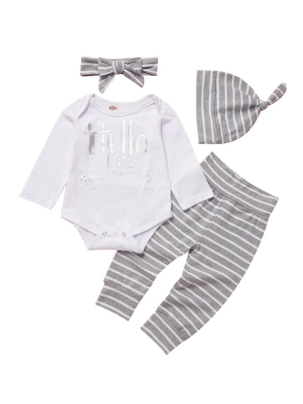 4 Pieces Baby Girl Hi I'm New Here Set Top & Stripe Pants & Hat & Headband