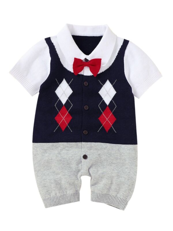 Infant Boy Hit Color Bow Tie Gentleman Knitted Romper