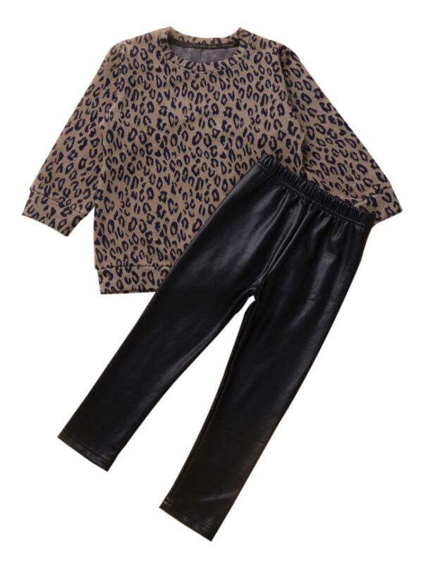 2 Pieces Little Girl Leopard Print Top Matching Pu Legging Pants Set