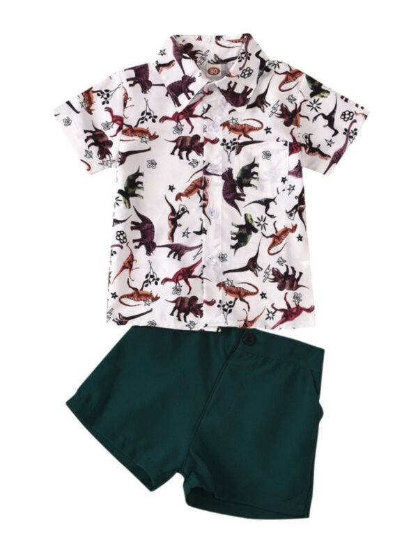 2 Pieces Toddler Boy Dinosaur Print Shirt Matching Shorts Set