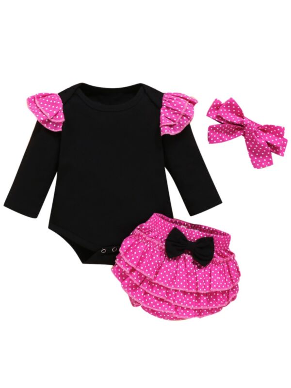 3 Pcs Baby Girl Polka Dot Set Bodysuit & Bowknot Skirt & Headband