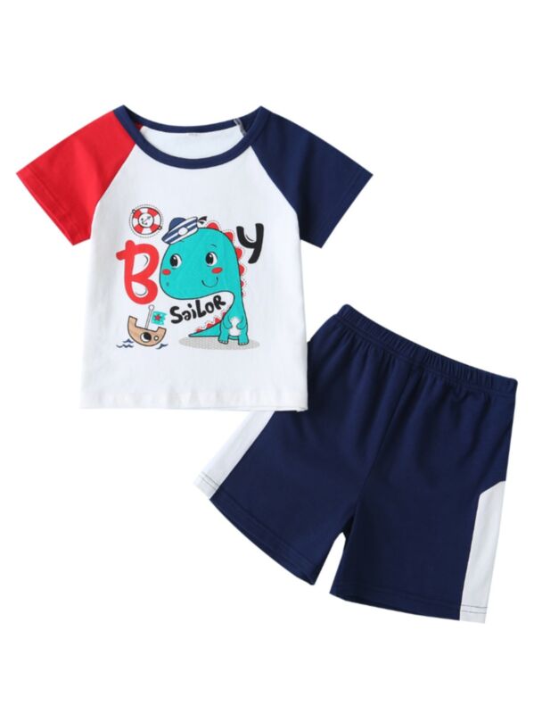 2 Pieces Kid Boy Cartoon Dino Set Color Block Tee Matching Shorts