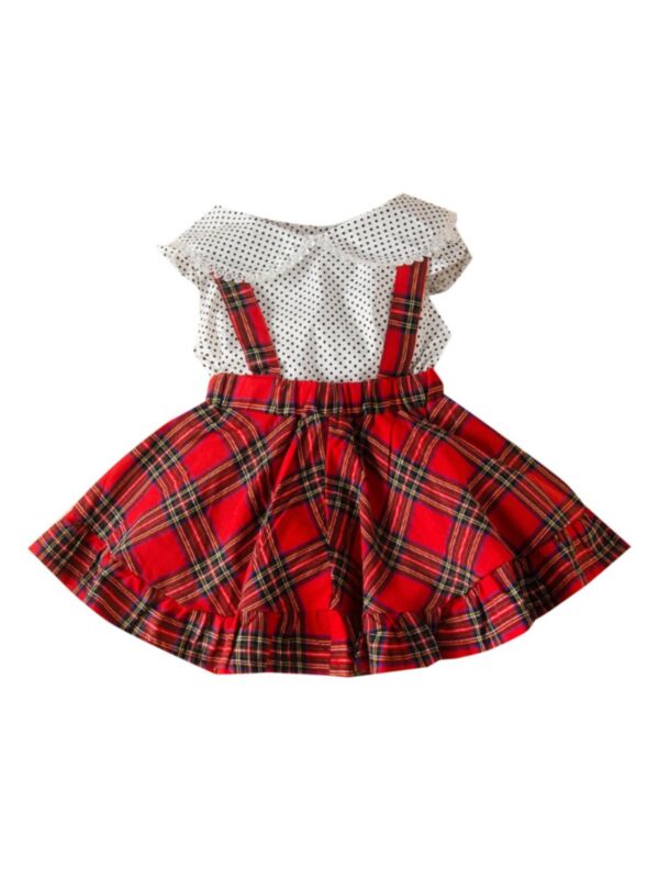 2 Pieces Little Girl  Christmas Set Polka Dots Blouse Matching Plaid Suspend Skirt