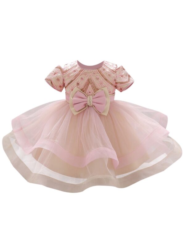 Baby Girl Sequins Lace Bowknot Embroidery Formal  Princess Dress
