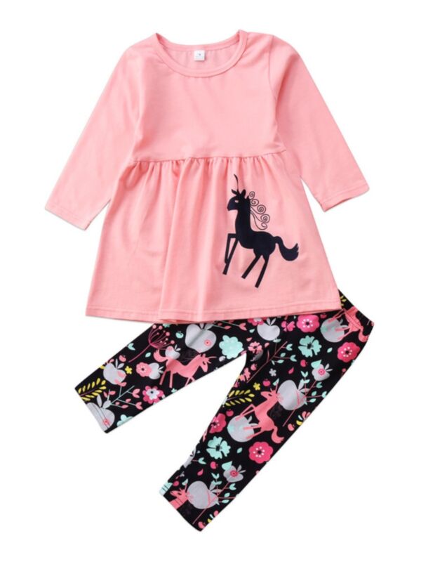 2-Piece Kid Girl Cartoon Set Pink Dress And Flower Apple Print Pants 