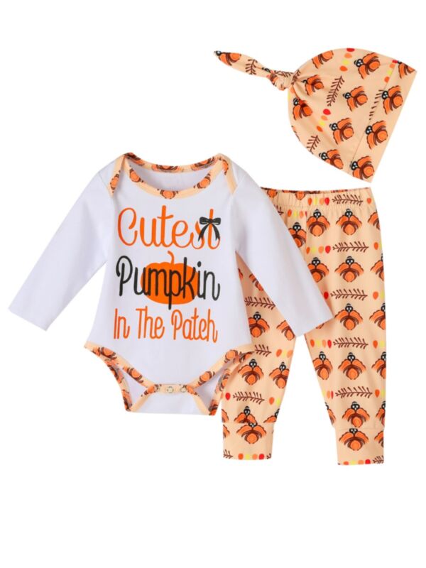 3 Pieces Infant Baby Cutest Pimpkin In The Patch Halloween Set Bodysuit & Pants & Hat