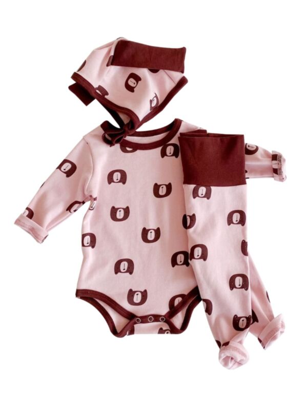 3 Pieces Baby Girl Bear Print Set Bodysuit & Pants & Hat 