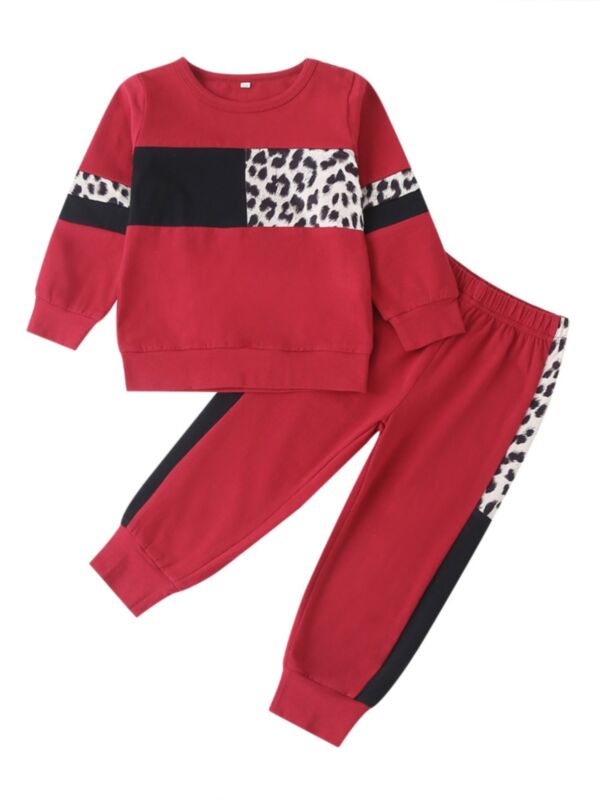2 Pcs Toddler Girl Leopard Color Block Set Top And Trousers 