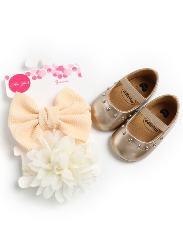 3 Pieces Baby Girl Set PU Princess Shoes & Flower Headband & Bow Headband