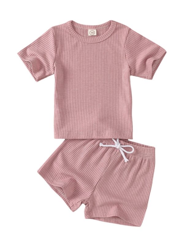 2 Pieces Baby Girl Solid Color Ribbed Set Tee Matching Pants
