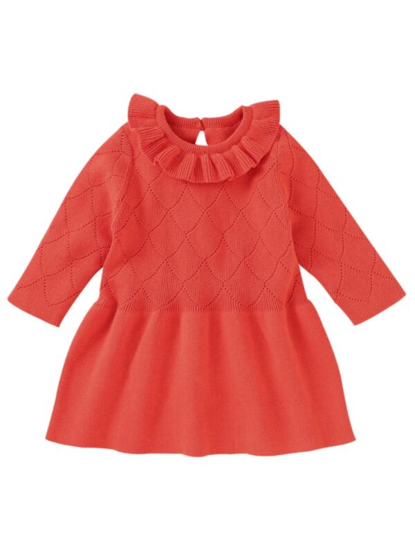Baby Girl Ruffle Collar Solid Color Knit Dress