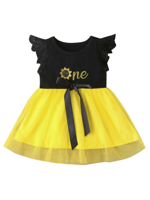 Baby Girl Letter Patchwork Mesh Dress