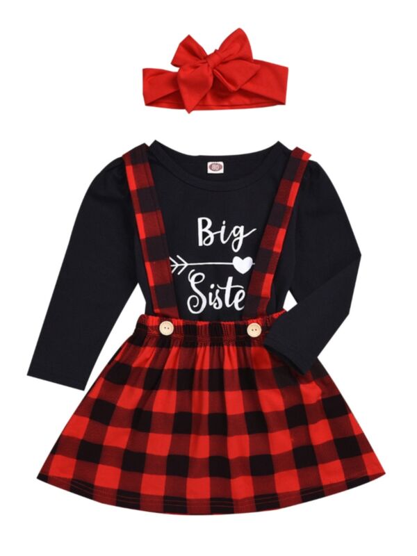 3 Pieces Big Sister Kid Girl Set Black Top & Plaid Suspender Skirt & Headband