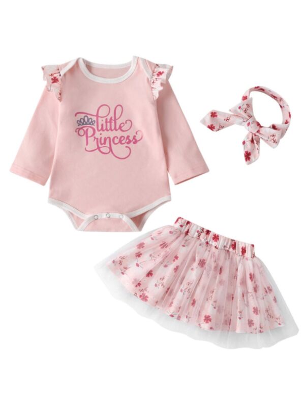 3 Pieces Baby Girl Little Princess Print Set Bodysuit & Mesh Flower Skirt & Headband