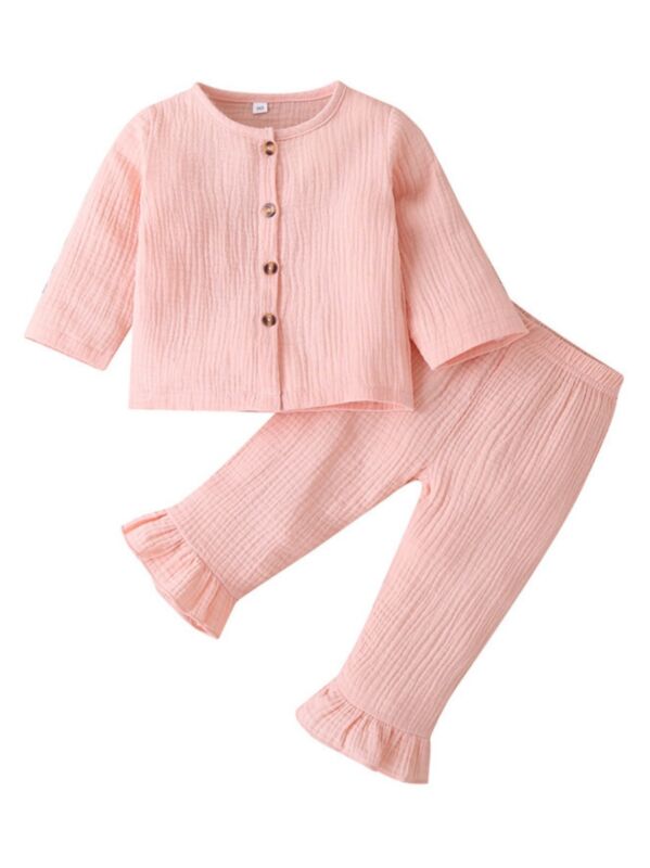 Baby Unisex Solid Color Muslin Set Button Top Matching Pants