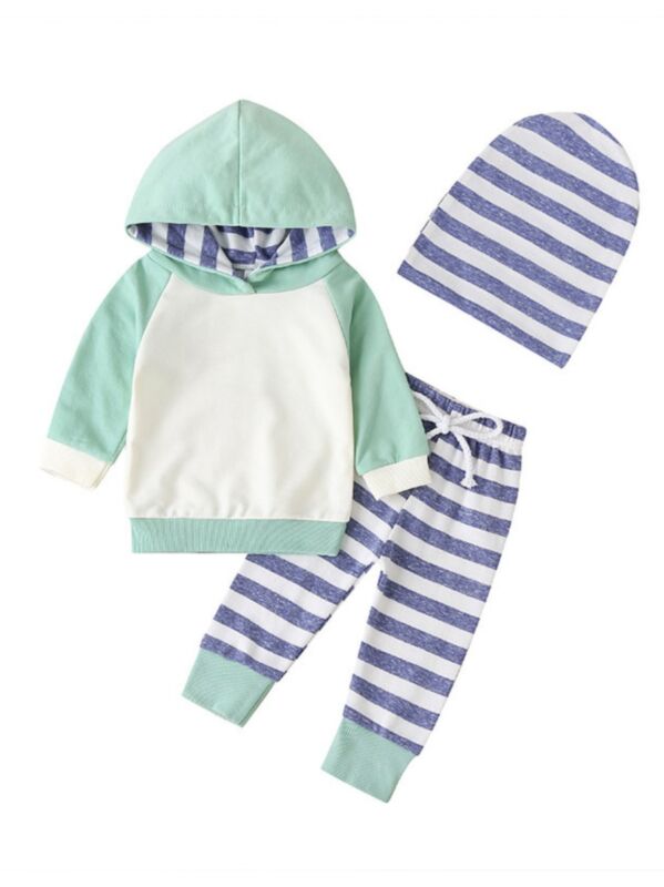 3-Piece Baby Girl Color Blocking Hoodie Top & Stripe Pants & Accessories Set