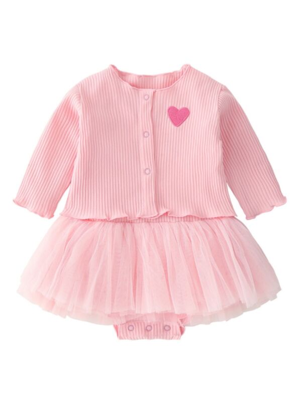 2 Pieces Baby Girl Heart Print Cardigan & Tank Dress Bodysuit Set