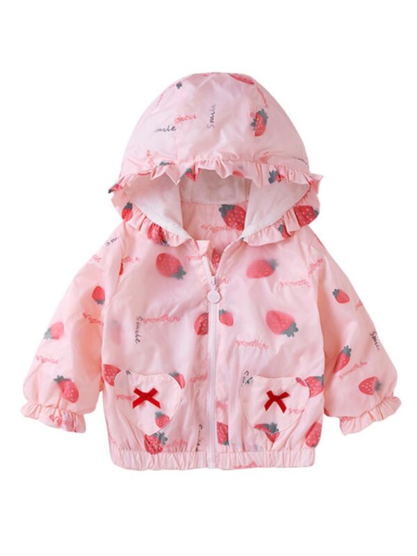 Kid Girl Strawberry Print Hooded Coat Pink