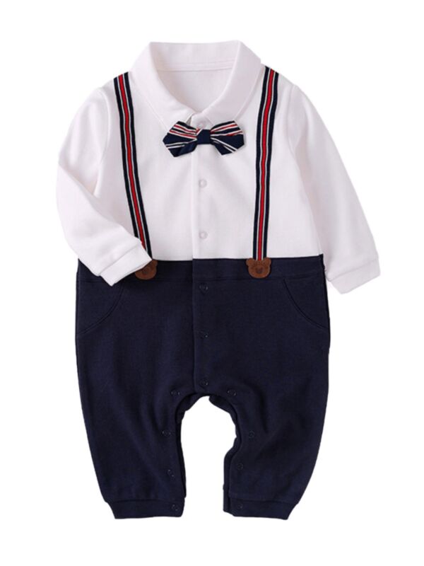 Fake Two Piece Baby Boy Bowtie Gentleman Jumpsuit
