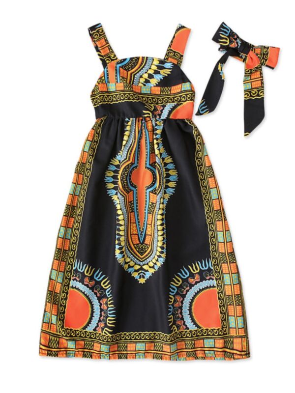 2 Pieces Boho Kid Girl Suspender Dress With Headband