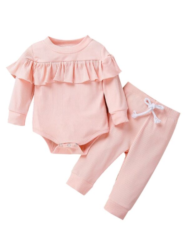 2 Pieces Baby Girl Ruffle Trim Bodysuit Matching Pants Set Pink