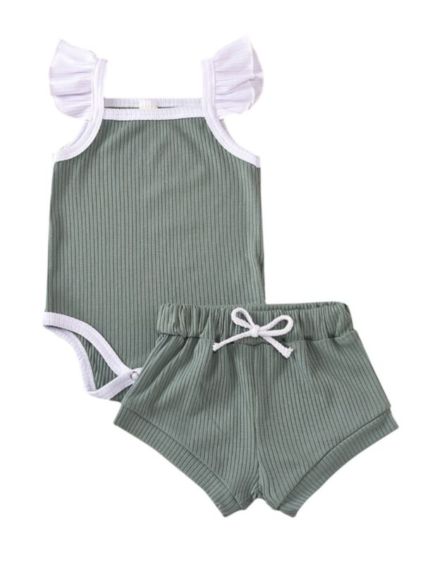 2 Pieces Baby Girl Ribbed Set Flutter Sleeve Bodysuit Matching Shorts