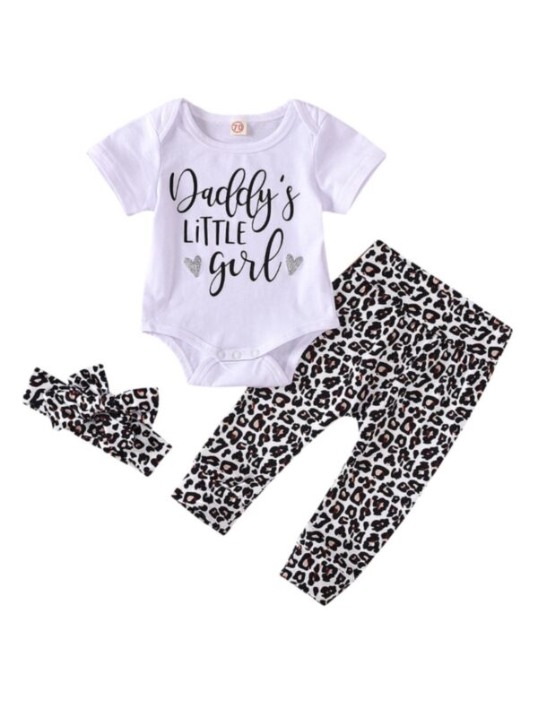3 Pcs Baby Girl Daddy's Little Girl Leopard Set Bodysuit & Pants & Headband 